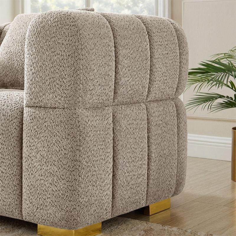 Bukle Kumaş Kapitoneli Masif Ahşap Üçlü Koltuk - 231 cm - 151783