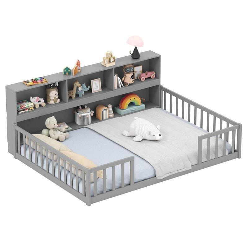 Çam ve Endüstriyel Ahşap Kitaplıklı Korkuluklu Montessori Karyola - 162x199 cm - 142708