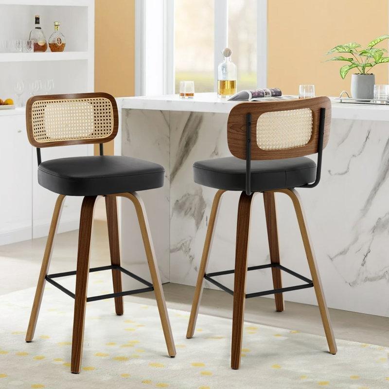 Ceviz Ahşap Suni Deri Döner Retro Bar Sandalyesi - 74 cm - 148461