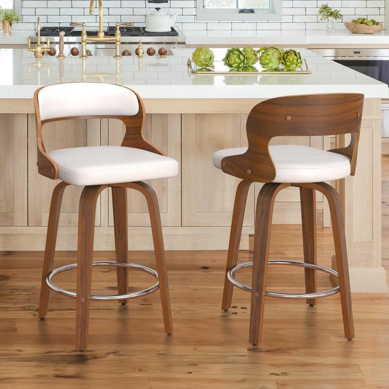 Ceviz Ahşap Suni Deri Döşemeli Döner Krom Ayaklı Retro Bar Sandalyesi - 67 cm - 148566