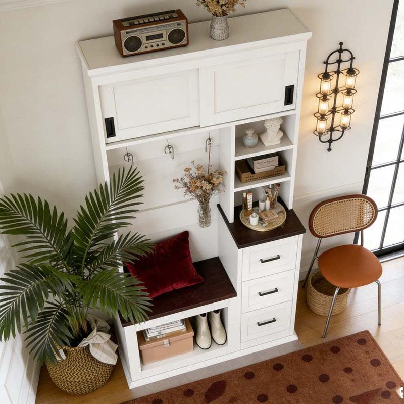 Ceviz Beyaz MDF Oturaklı Çekmeceli Portmanto Vestiyer - 103 cm - 159772