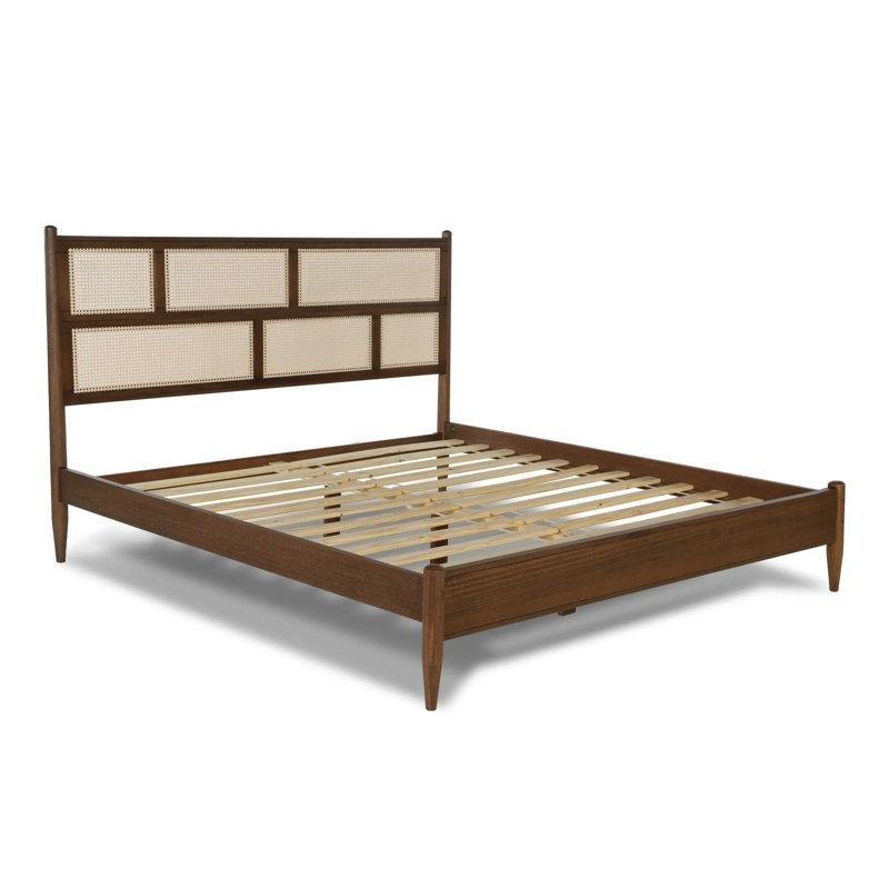 Ceviz Masif Ahşap Hasır Panelli Konik Ayaklı Karyola - 162x216 cm - 143221