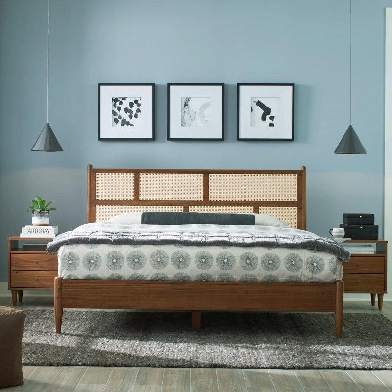 Ceviz Masif Ahşap Hasır Panelli Konik Ayaklı Karyola - 162x216 cm - 143221
