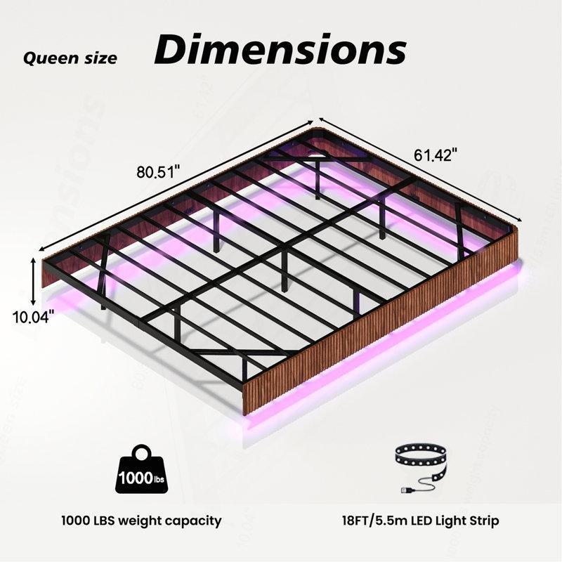 Ceviz Masif Ahşap ve Metal LED Işıklı Kavisli Tasarım Karyola - 156x205 cm - 142312