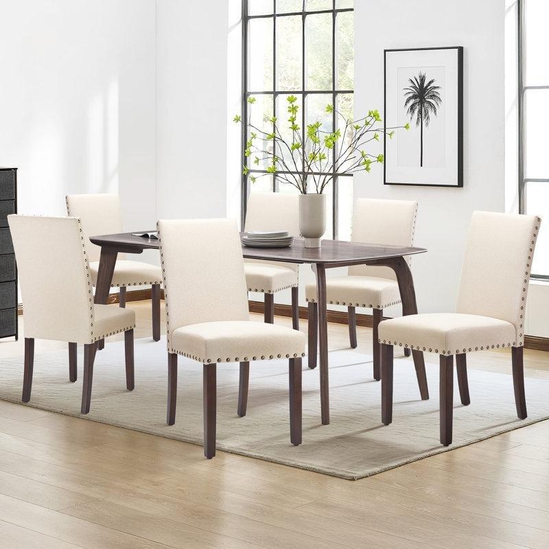 Ceviz Masif Ahşap Zımba Detaylı Keten Chester Sandalye 6lı Set - 145794