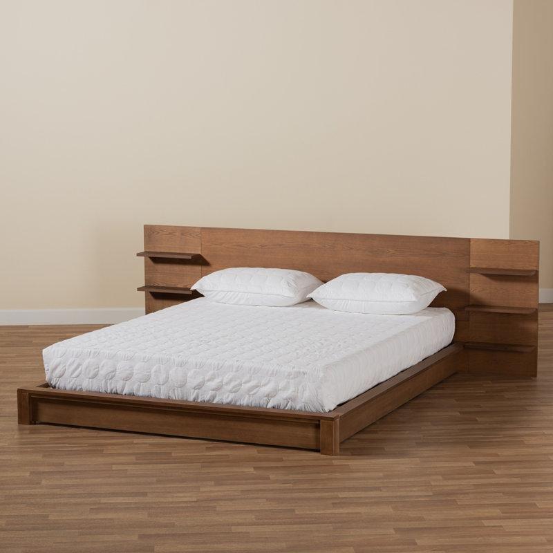 Ceviz Masif ve Endüstriyel Ahşap Raflı Geniş Başlık Platform Karyola - 292x217 cm - 142549