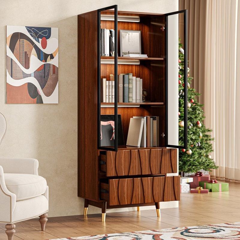 Ceviz MDF Cam Kapaklı ve Çekmeceli 3 Raflı Vitrin - Gümüşlük - 161x60x40 cm - 156886