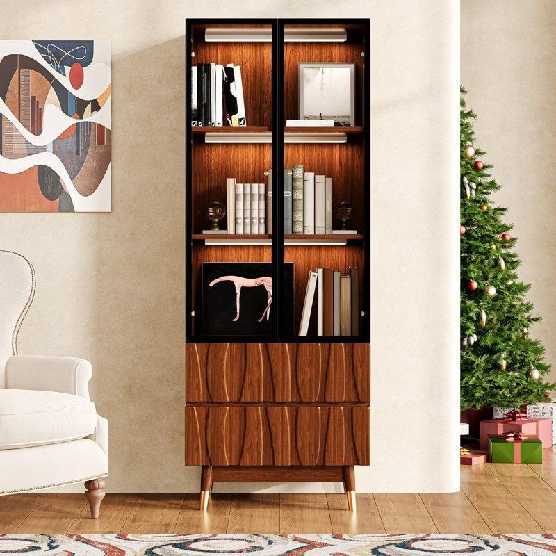 Ceviz MDF Cam Kapaklı ve Çekmeceli 3 Raflı Vitrin - Gümüşlük - 161x60x40 cm - 156886