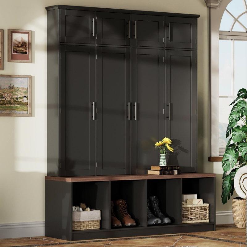 Ceviz MDF Oturaklı 8 Kapaklı 4 Askılı Portmanto Vestiyer - 150 cm - 159856