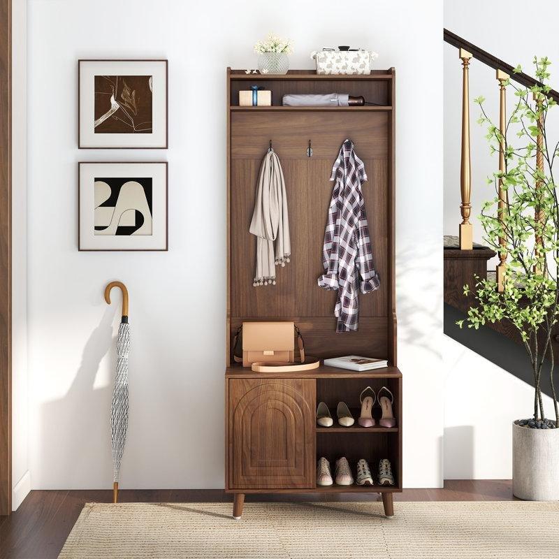 Ceviz MDF Oturaklı Raflı Sürgü Kapaklı Portmanto Vestiyer - 60 cm - 159577