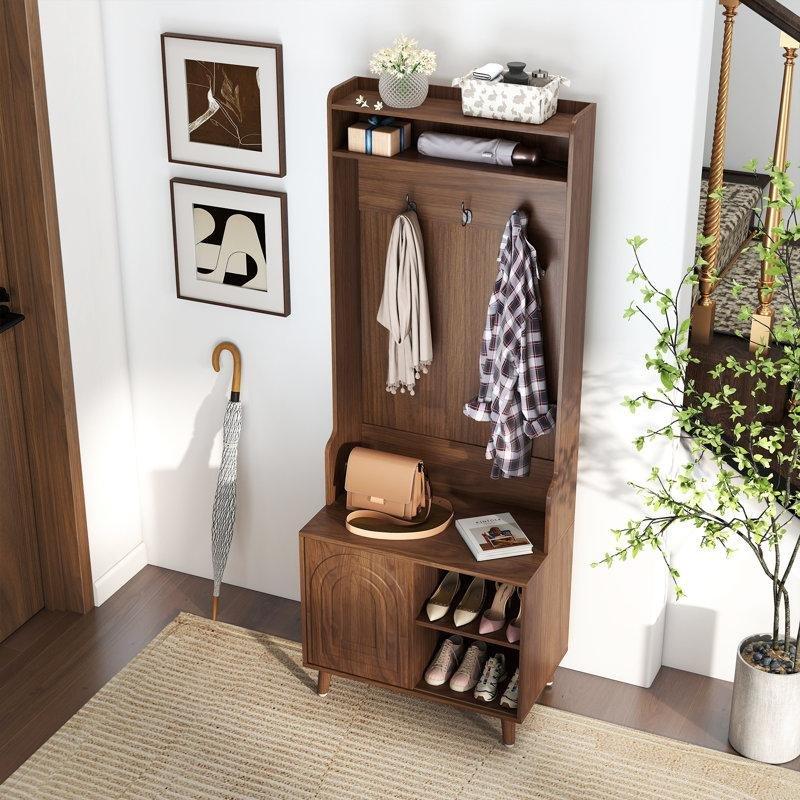 Ceviz MDF Oturaklı Raflı Sürgü Kapaklı Portmanto Vestiyer - 60 cm - 159577