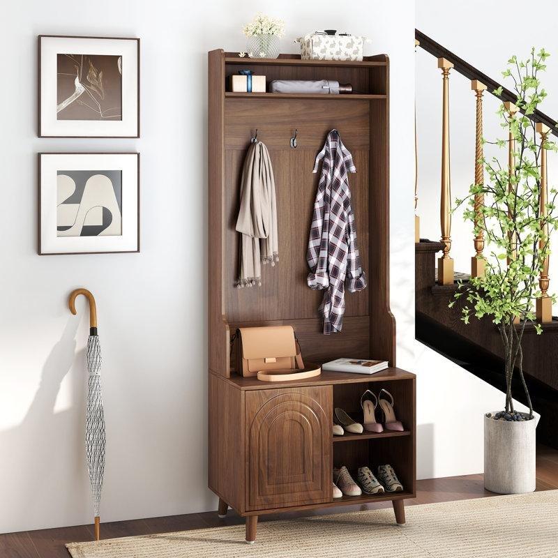 Ceviz MDF Oturaklı Raflı Sürgü Kapaklı Portmanto Vestiyer - 60 cm - 159577