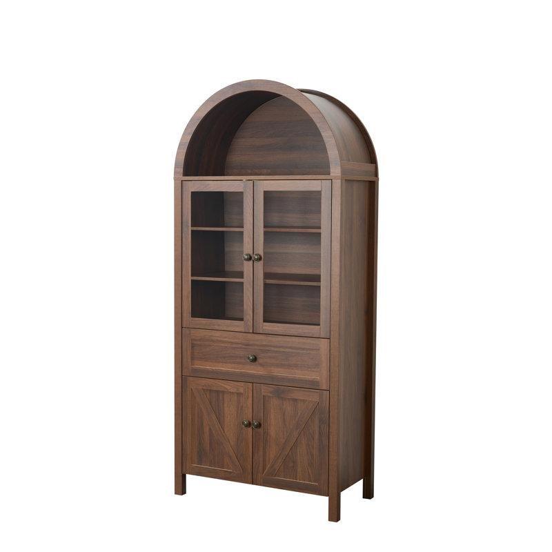 Ceviz MDF ve Masif Ahşap Kemerli Cam Kapaklı ve Çekmeceli Vitrin Gümüşlük - 182x81 cm - 156796