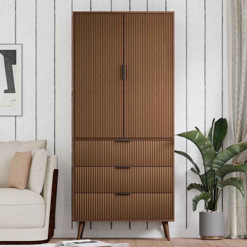Ceviz MDF Yivli Kapaklı 3 Çekmeceli Gold Kulplu Vitrin - Gümüşlük - 181 cm - 157009