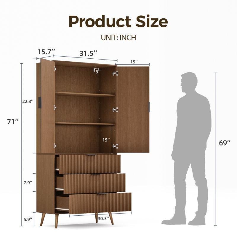 Ceviz MDF Yivli Kapaklı 3 Çekmeceli Gold Kulplu Vitrin - Gümüşlük - 181 cm - 157009