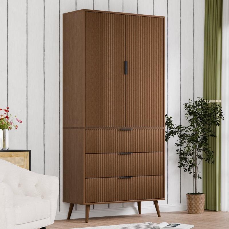 Ceviz MDF Yivli Kapaklı 3 Çekmeceli Gold Kulplu Vitrin - Gümüşlük - 181 cm - 157009