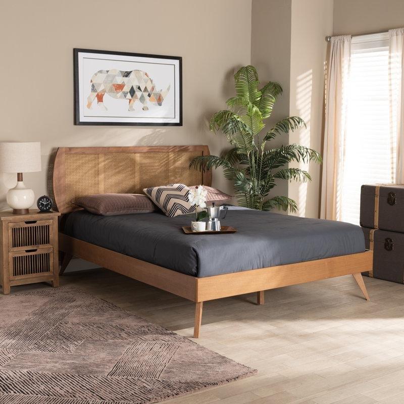 Ceviz Rattan Detaylı Ayarlanabilir Başlıklı Ahşap Platform Karyola - 145x196 cm - 143116