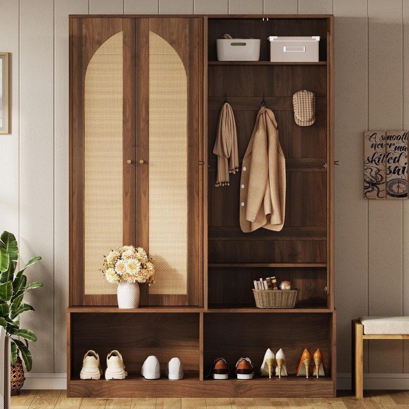 Ceviz Rattan Kapaklı Oturaklı 6 Askılı Portmanto Vestiyer - 140 cm - 159895