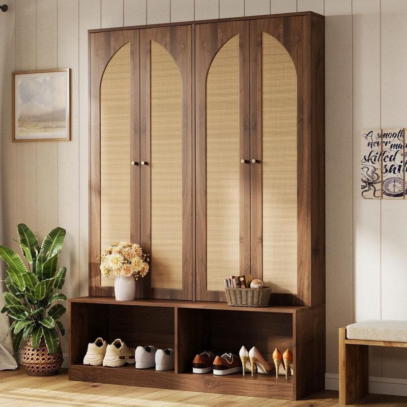 Ceviz Rattan Kapaklı Oturaklı 6 Askılı Portmanto Vestiyer - 140 cm - 159895