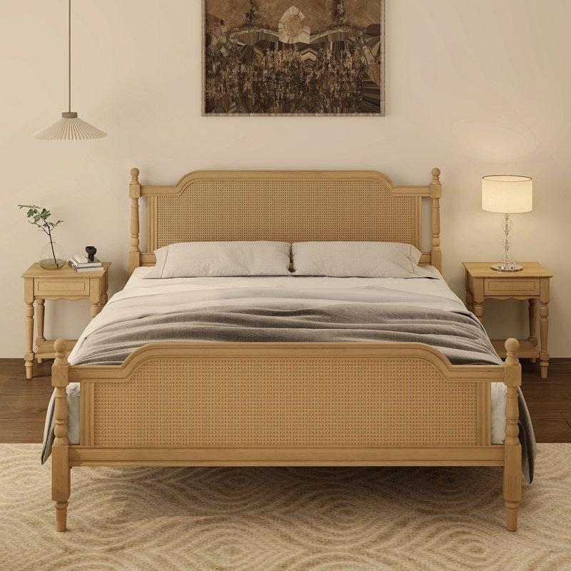 Ceviz Rattan Masif Ahşap Bazasız Karyola - 143131