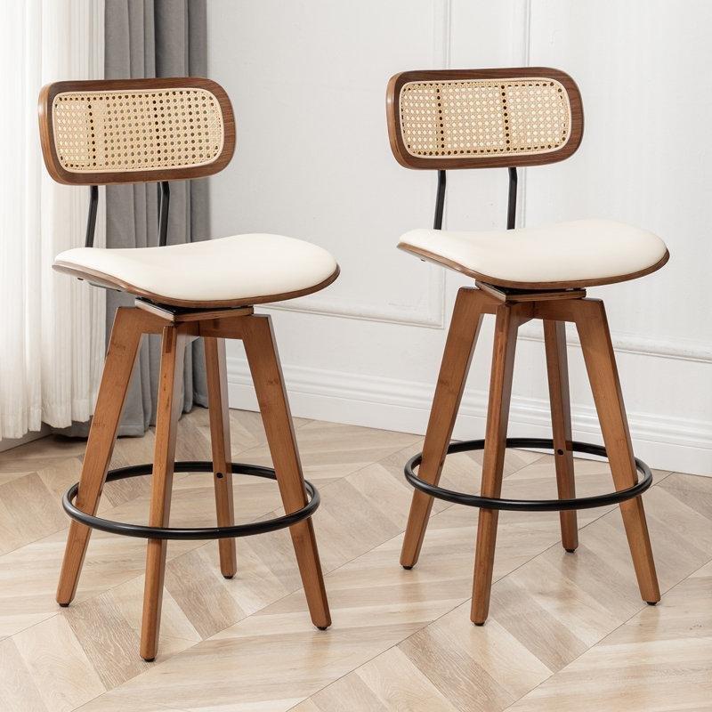 Ceviz Rattan Sırtlı Döner Bambu Ayaklı Suni Deri Bar Sandalyesi, İkili Set - 67 cm - 148794