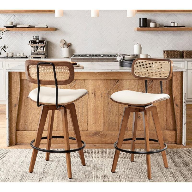 Ceviz Rattan Sırtlı Döner Bambu Ayaklı Suni Deri Bar Sandalyesi, İkili Set - 67 cm - 148794