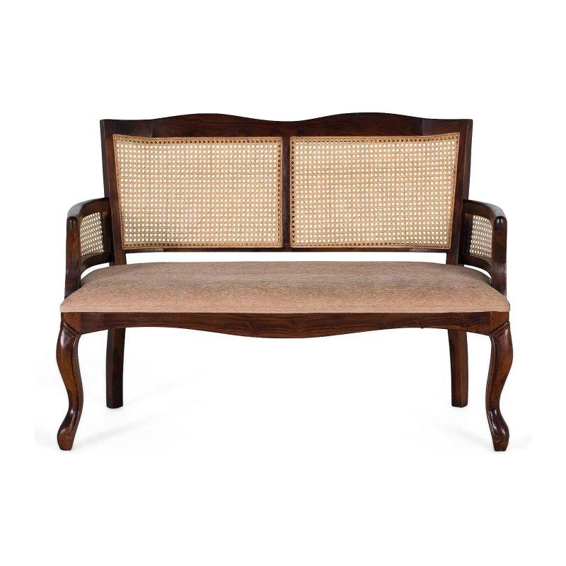 Ceviz Rengi Akasya Ağacı Hasır Sırtlı Oymalı Ayaklı İkili Koltuk - 120 cm - 155455