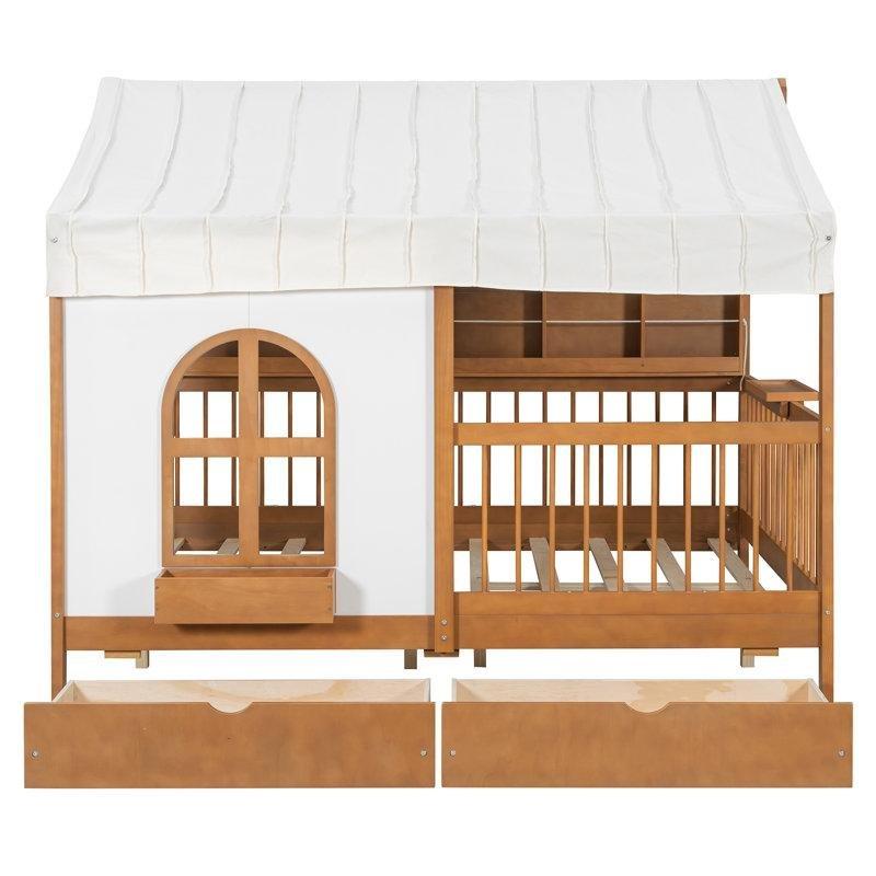 Ceviz Rengi Çekmeceli ve Raflı LED Işıklı Ev Tipi Çocuk Karyolası - 146x198 cm - 142888