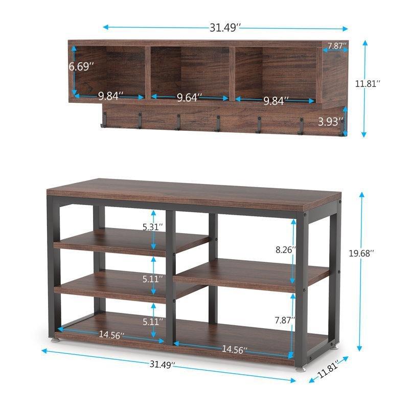 Çift Renkli Metal ve Ahşap Oturaklı Raflı Portmanto Vestiyer - 80 cm - 159685
