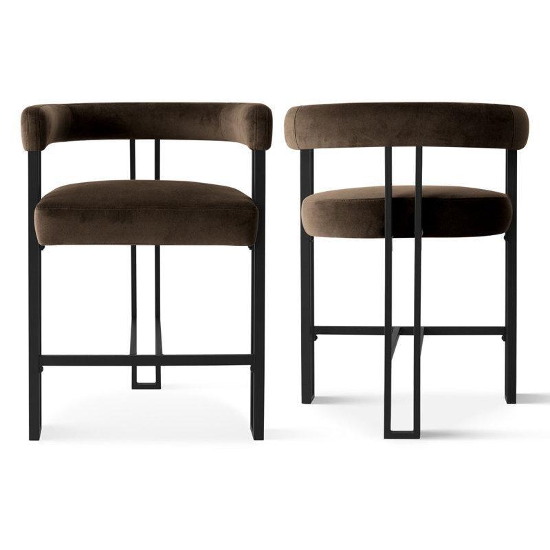 Çikolata Kahverengi Kadife Kolçaklı Y-Sırtlı 2li Set Metal Bar Sandalyesi - 61 cm - 147843