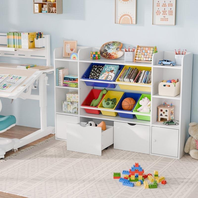 Çok Renkli Ahşap 6 Sepetli Raflı ve Kapaklı Oyuncak Dolabı - 141 cm - 150027