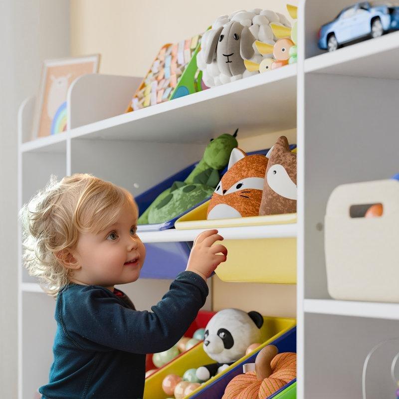 Çok Renkli Ahşap 6 Sepetli Raflı ve Kapaklı Oyuncak Dolabı - 141 cm - 150027