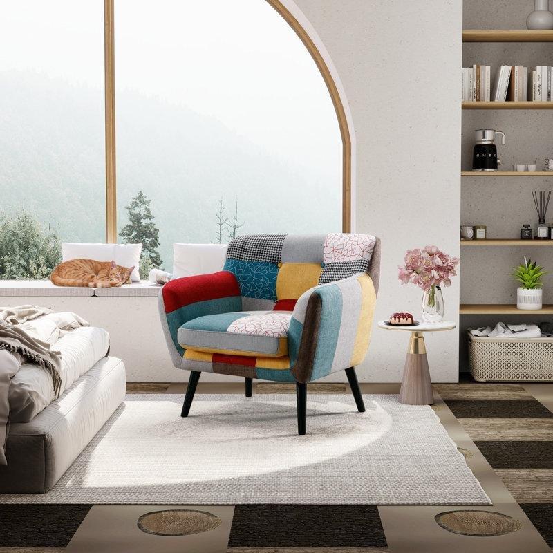 Çok Renkli Keten Kumaş Kapitoneli Geometrik Desenli Ahşap Ayaklı Koltuk - 156646