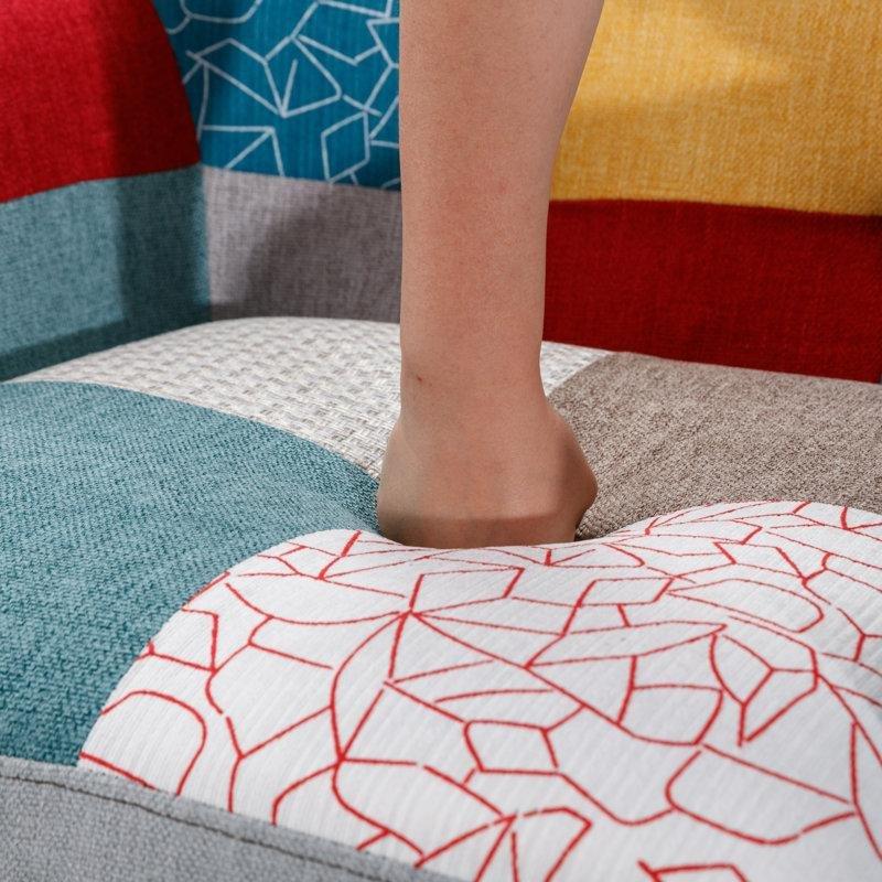 Çok Renkli Keten Kumaş Kapitoneli Geometrik Desenli Ahşap Ayaklı Koltuk - 156646