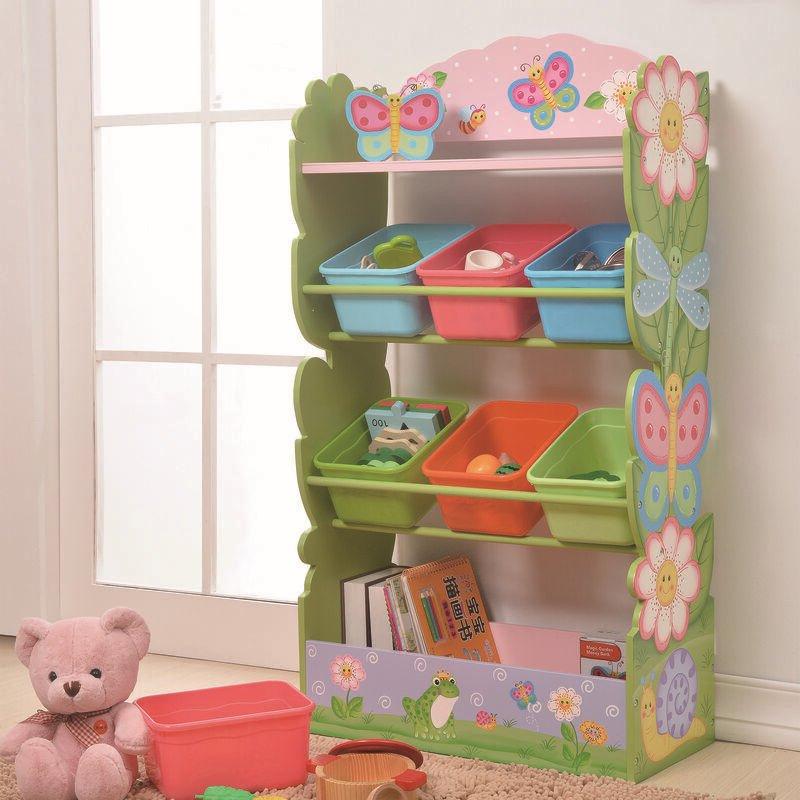 Çok Renkli MDF Büyülü Bahçe Temalı Sepetli Oyuncak Dolabı - 61x28x113 cm - 150730