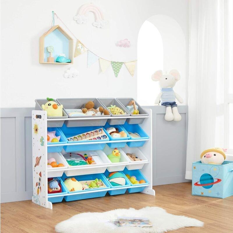 Çok Renkli MDF ve Plastik 16 Sepetli Uzay Temalı Oyuncak Dolabı - 106x27x78 cm - 150951