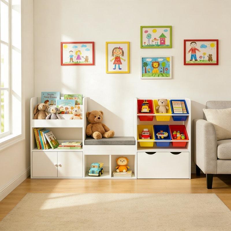 Çok Renkli Minderli Kitaplıklı Tekerlekli 6 Plastik Sepetli Oyuncak Dolabı - 187x30x90 cm - 150111