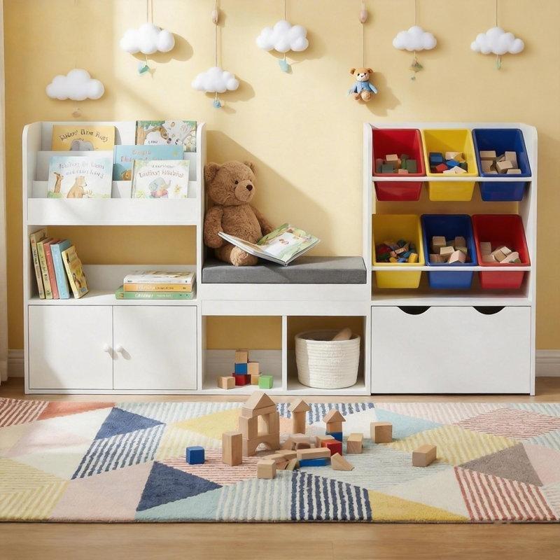 Çok Renkli Minderli Kitaplıklı Tekerlekli 6 Plastik Sepetli Oyuncak Dolabı - 187x30x90 cm - 150111