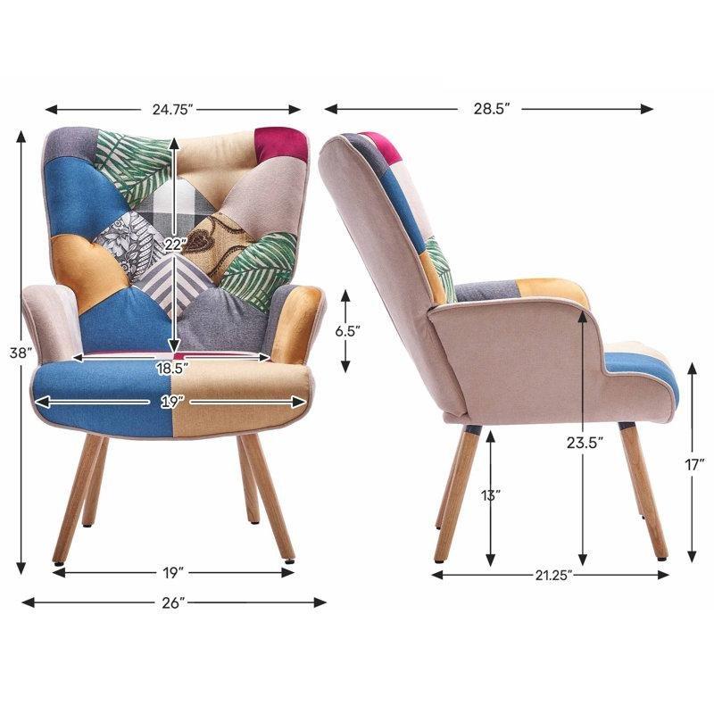 Çok Renkli Patchwork Desenli Masif Ahşap Yüksek Sırtlı Kapitoneli Berjer Koltuk - 156766