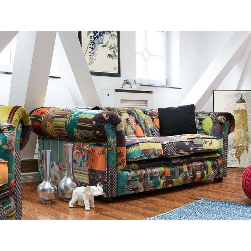 Çok Renkli Patchwork Kumaş Kapitone Sırtlı Chesterfield 3 Kişilik Koltuk - 200 cm - 152672