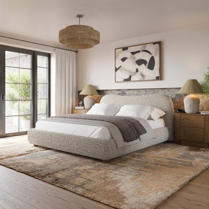 Dalgalı Başlıklı Polyester Kumaş Kaplama Masif Ahşap Alçak Platform Karyola - 143398