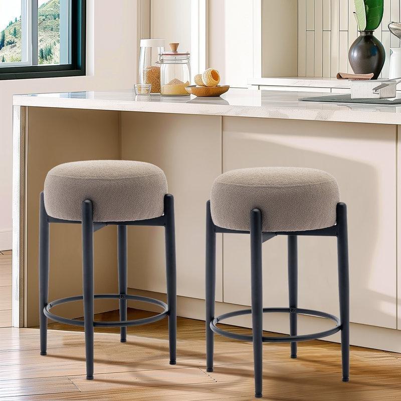 Deve Tüyü Rengi Şerpa Kumaş Metal Ayaklı Sırtlıksız Bar Sandalyesi - 61 cm - 147975