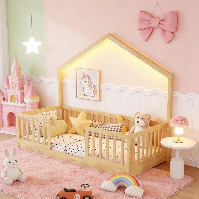 Doğal Ahşap Ev Görünümlü ve LED Işıklı Yüksek Korkuluklu Montessori Karyola - 104x202 cm - 142597