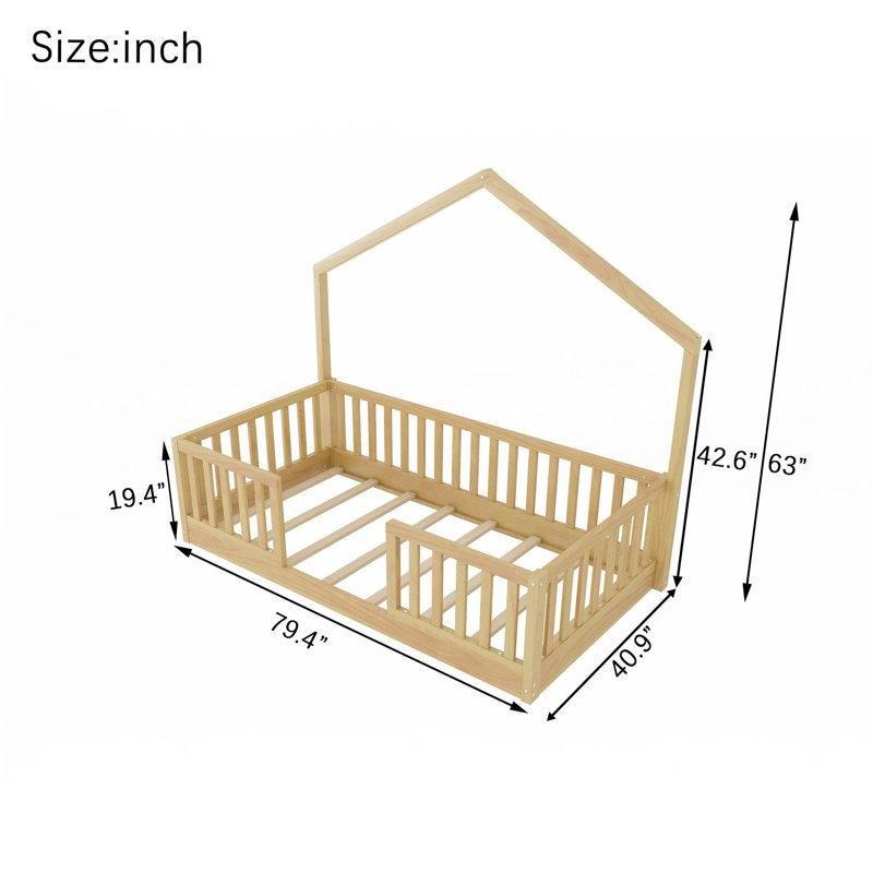 Doğal Ahşap Ev Görünümlü ve LED Işıklı Yüksek Korkuluklu Montessori Karyola - 104x202 cm - 142597