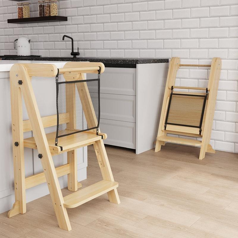 Doğal Ahşap Katlanır 3 Kademeli Güvenlik Ağlı Montessori Öğrenme Kulesi - 163114
