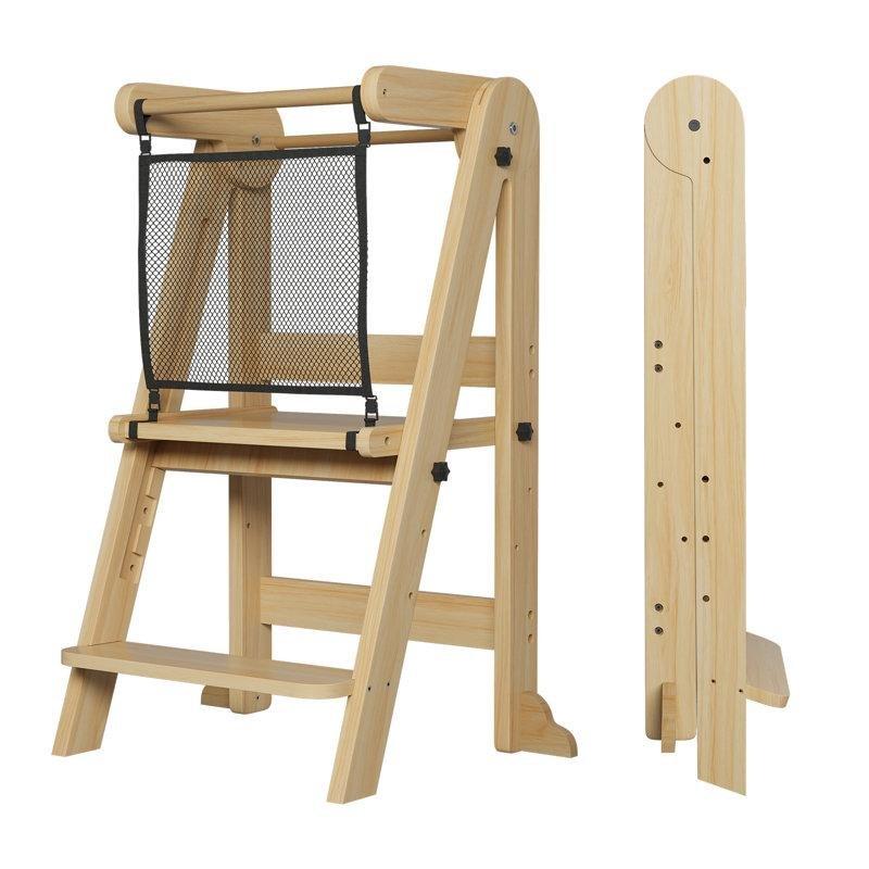 Doğal Ahşap Katlanır 3 Kademeli Güvenlik Ağlı Montessori Öğrenme Kulesi - 163114