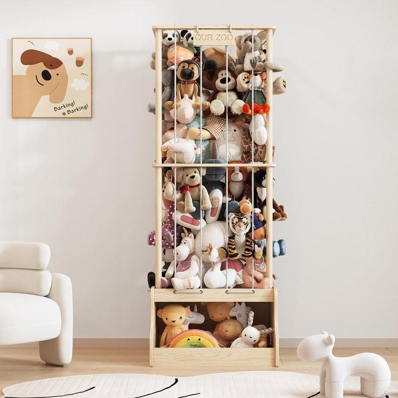 Doğal Ahşap Masif Çam Elastik İpli Küp Raflı Oyuncak Dolabı - 130x51x40 cm - 150054