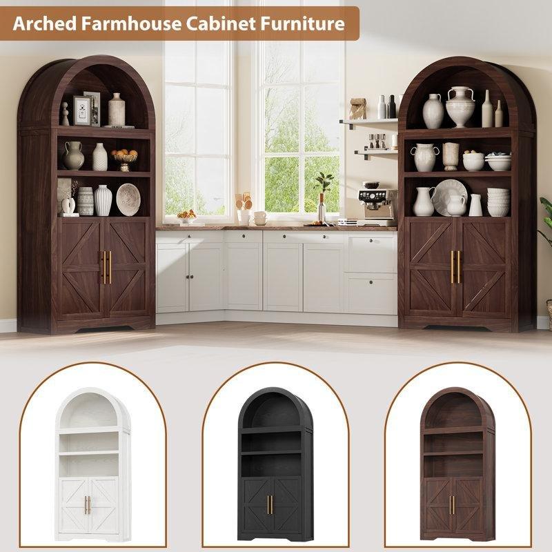 Doğal Ahşap MDF Kemerli Kapaklı ve Açık Raflı Vitrin - Gümüşlük - 181 cm - 157150