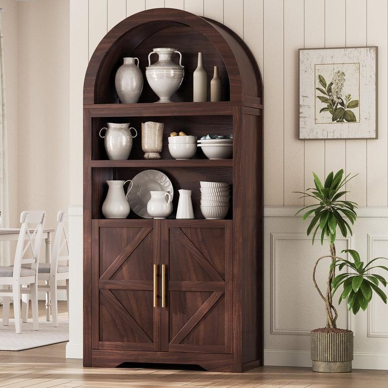 Doğal Ahşap MDF Kemerli Kapaklı ve Açık Raflı Vitrin - Gümüşlük - 181 cm - 157150