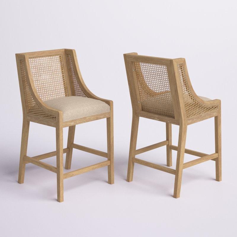 Doğal Ahşap Rattan Sırtlı Kolçaklı Kumaş Döşemeli Bar Sandalyesi, 2'li Set - 65 cm - 148845